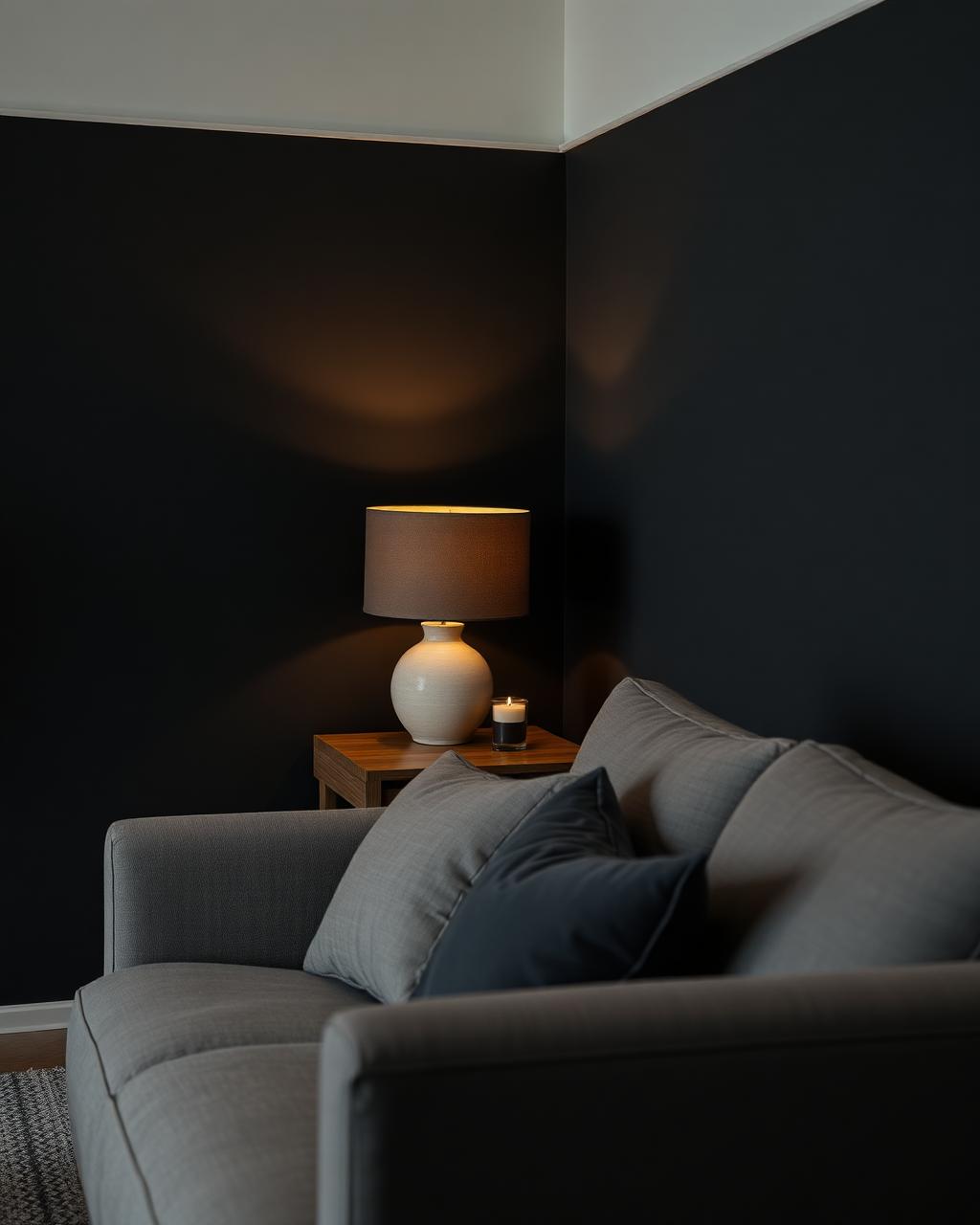 A calm living room corner with a ceramic lamp, candle and linen sofa from the Xav0 range